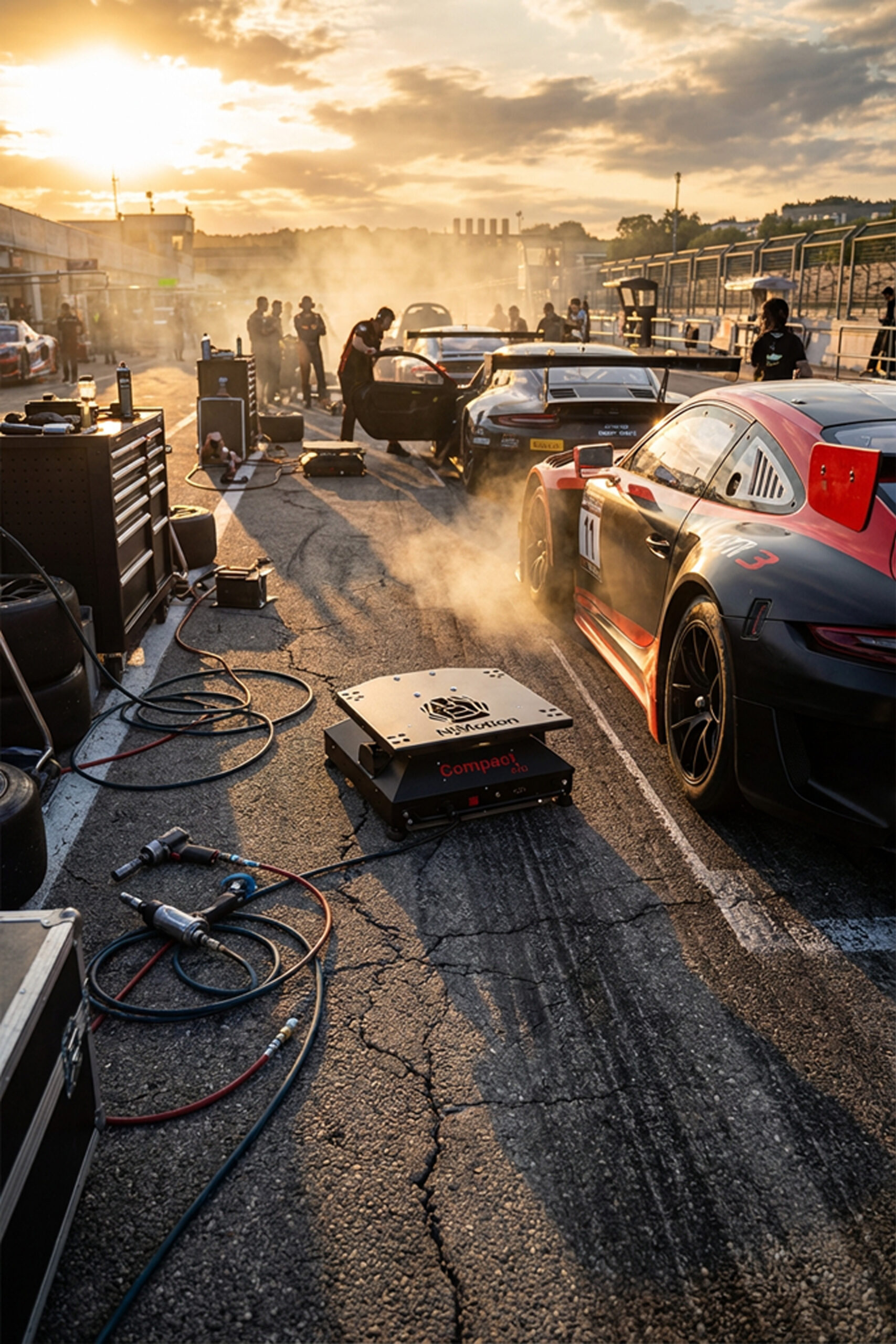 Pit lane al atardecer con simulador NjMotion