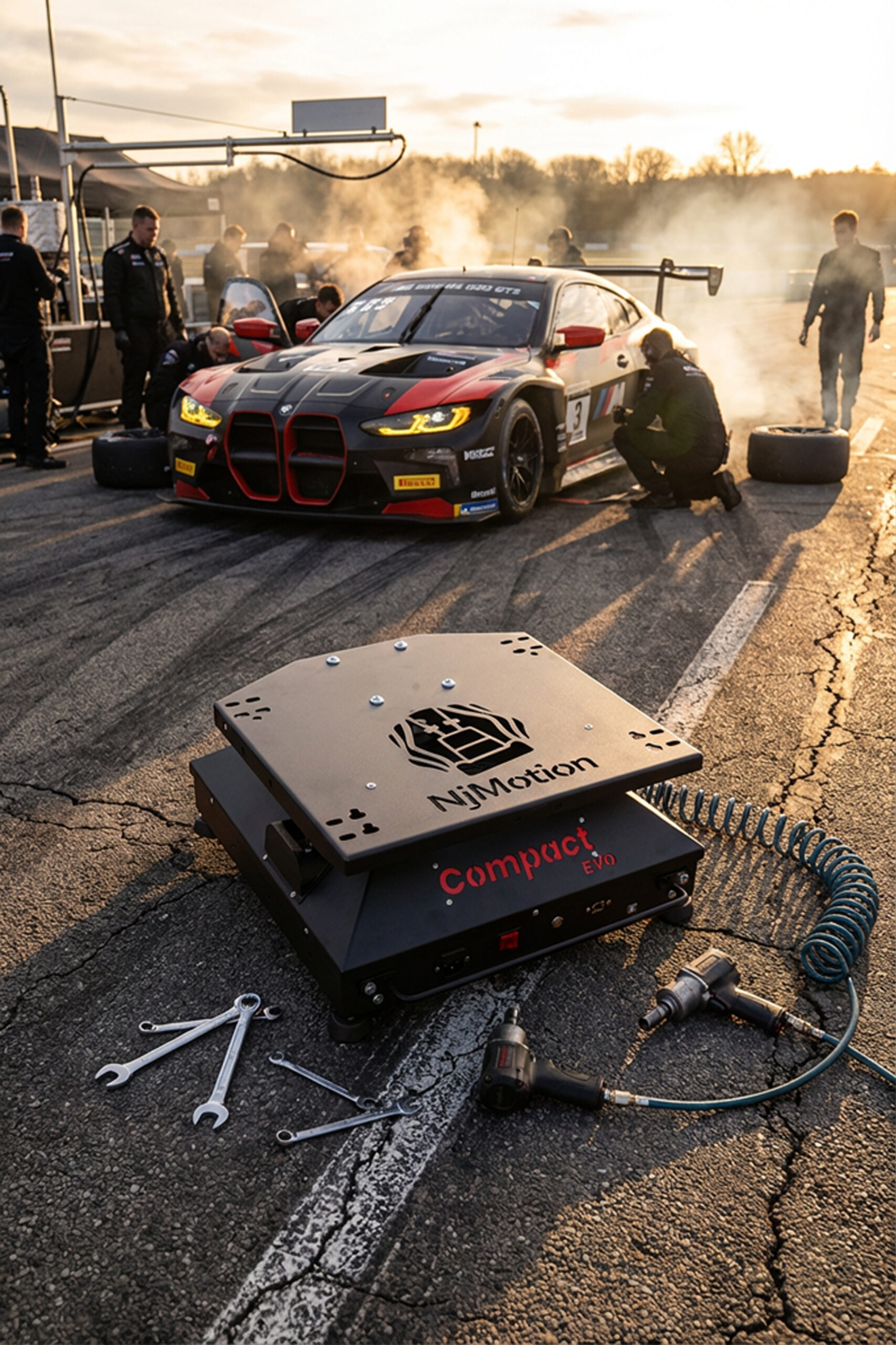 Compact Evo en pit lane junto a coche de carreras